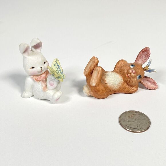 Vtg Porcelain Mini Rabbit Figurines Butterfly White Brown Bunny Matte Ceramic - Picture 5 of 11